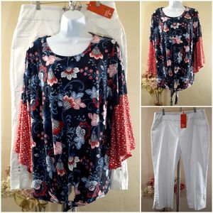 NWT Crop Pants Sz 14+ Floral Flutter Sleeve Top XL